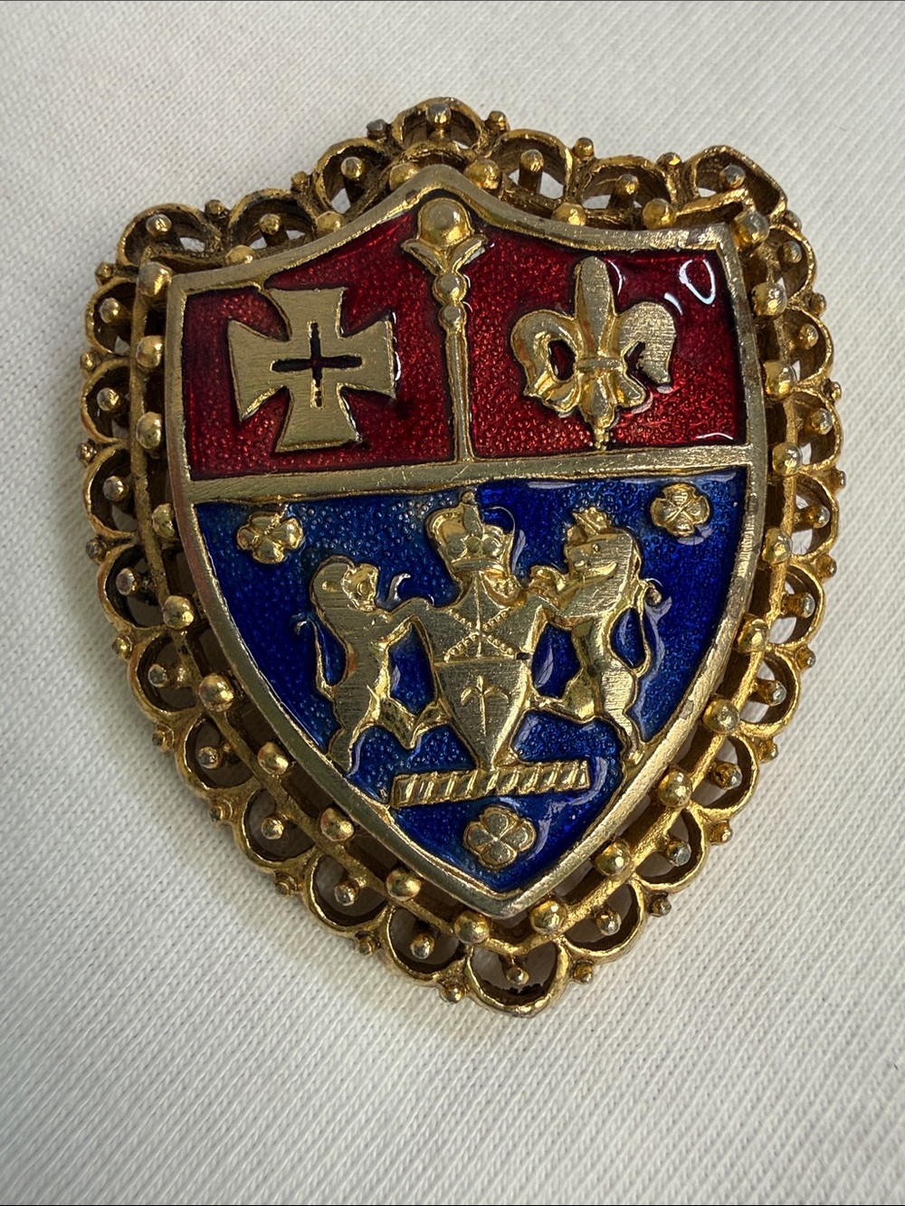 Vintage Heraldic Crest Brooch Fleur de Lis Cross Coat of Arms Enamel and Metal